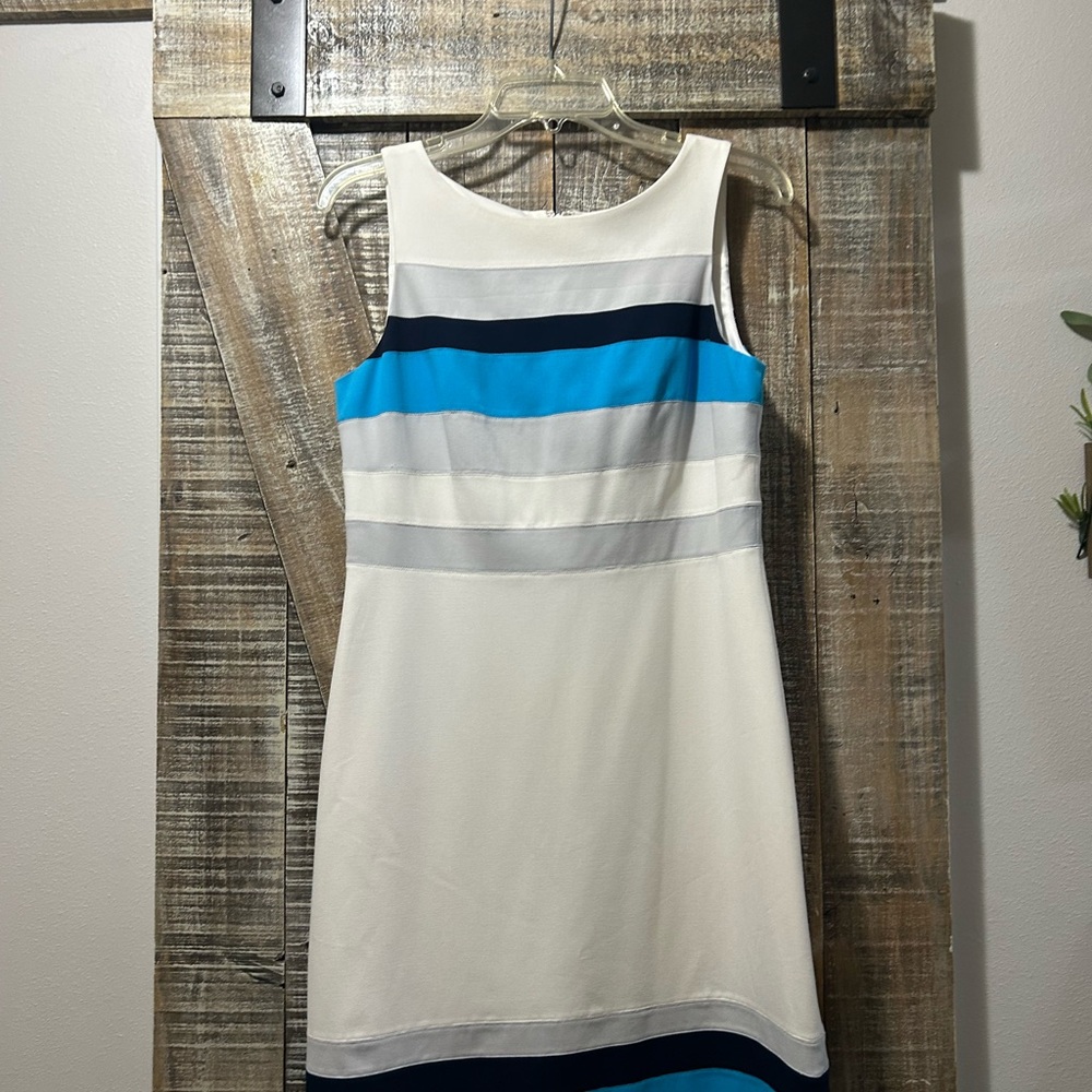 Calvin Klein Blue and White Sleeveless Halter Sheath Dress